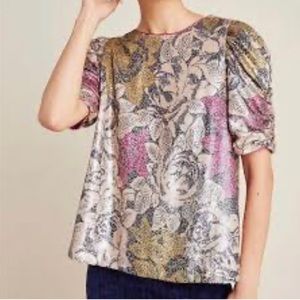 Anthropologie Floral Marie Sequins Puffed Sleeve Blouse 10